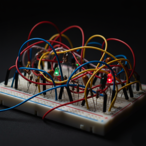 Protoboard con cables enredados